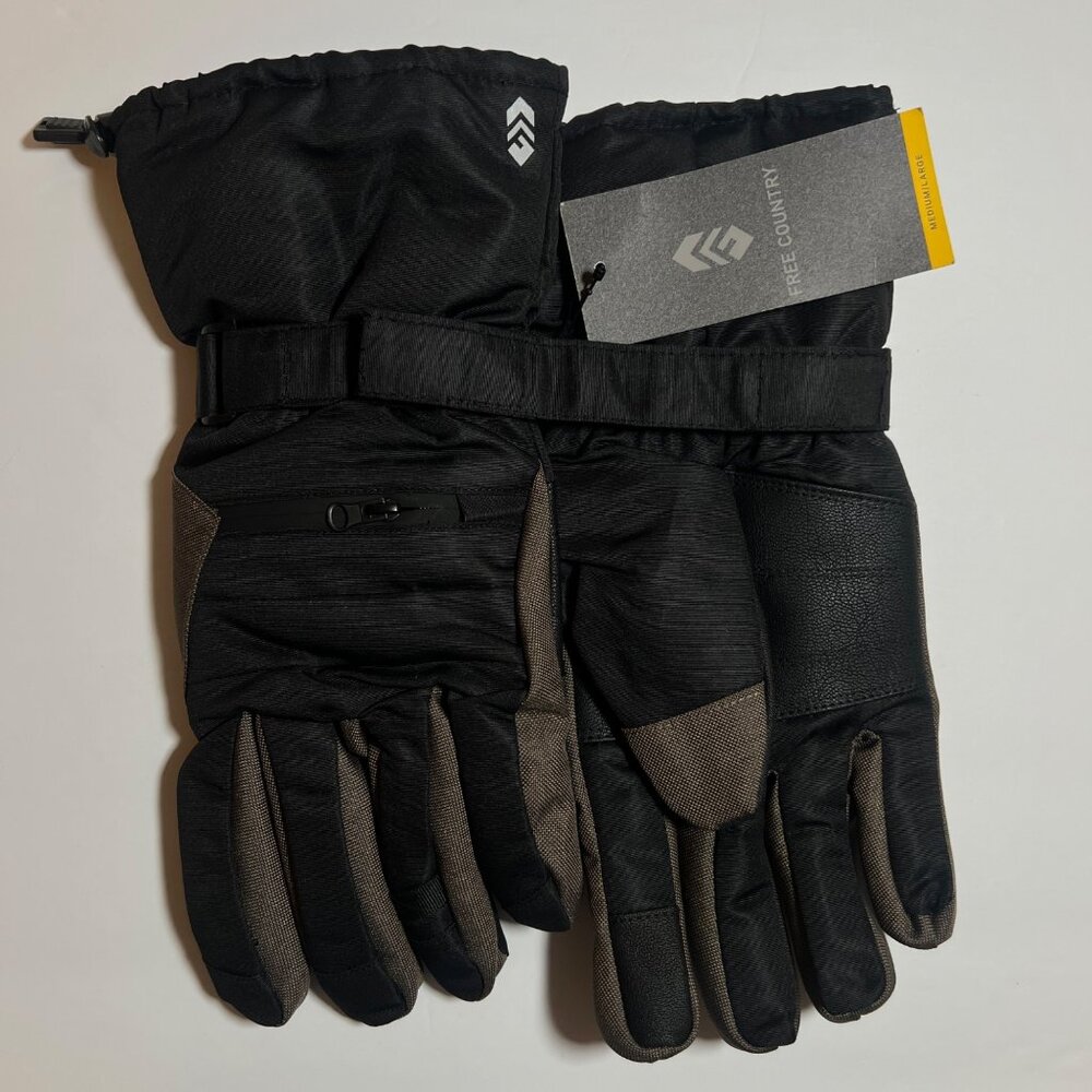 Free Country Mens SZ M/L Brown & Black Gloves With Zipper Pocket & Adjustable St